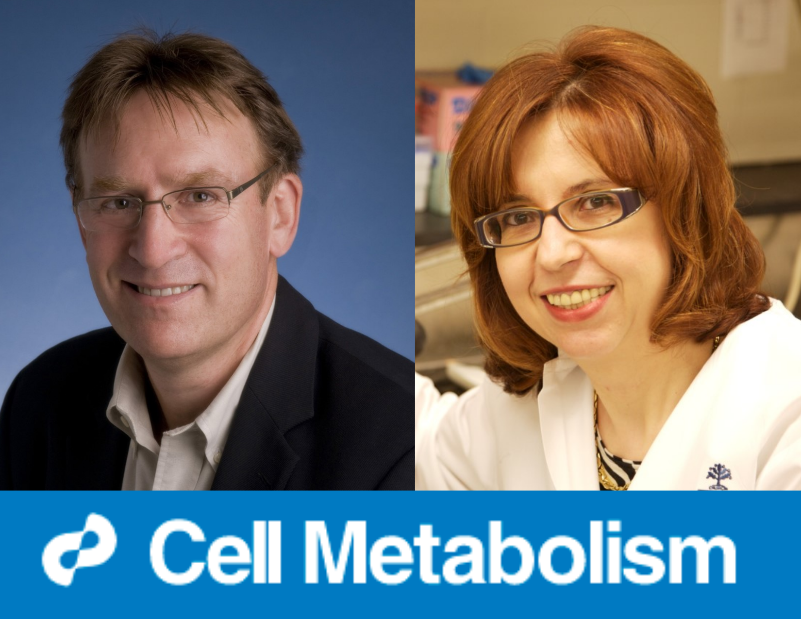 Photo of Drs. Adria Giacca and Gary Lewis with Cell Metabolism Logo
