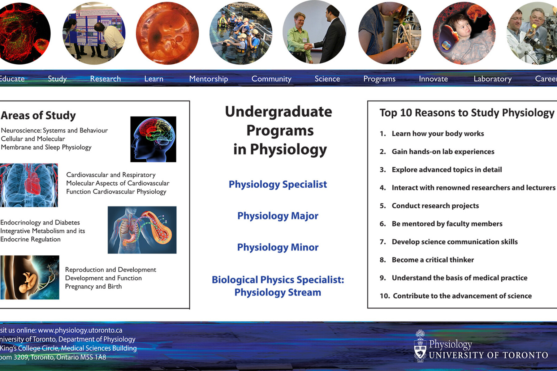 Poster describing different undergraduate programs in Physiology also described in site.